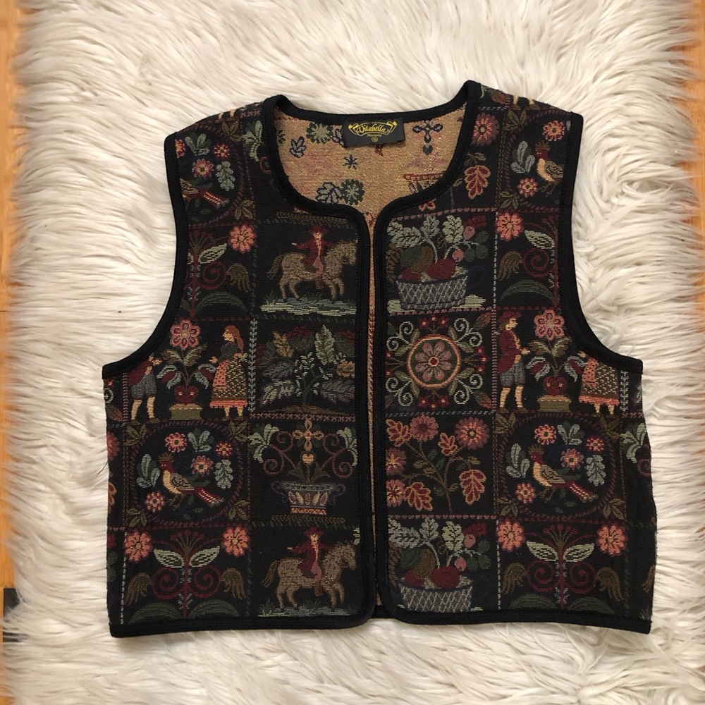 Vintage Vitabella Norway Tapestry Patchwork Novelty Open Front Black Vest size S